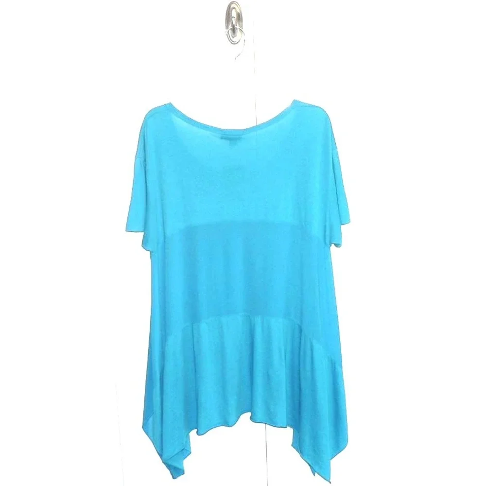 DKNY Women's Short Sleeve Inset Handkerchief Hem Oversized Tunic Turquoise Small